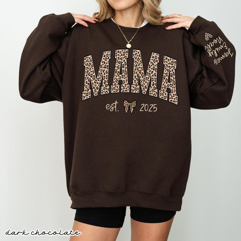 Custom Leopard Mama Heat Transfer Print Sweatshirt With Kid Name On Sleeve | Mother&