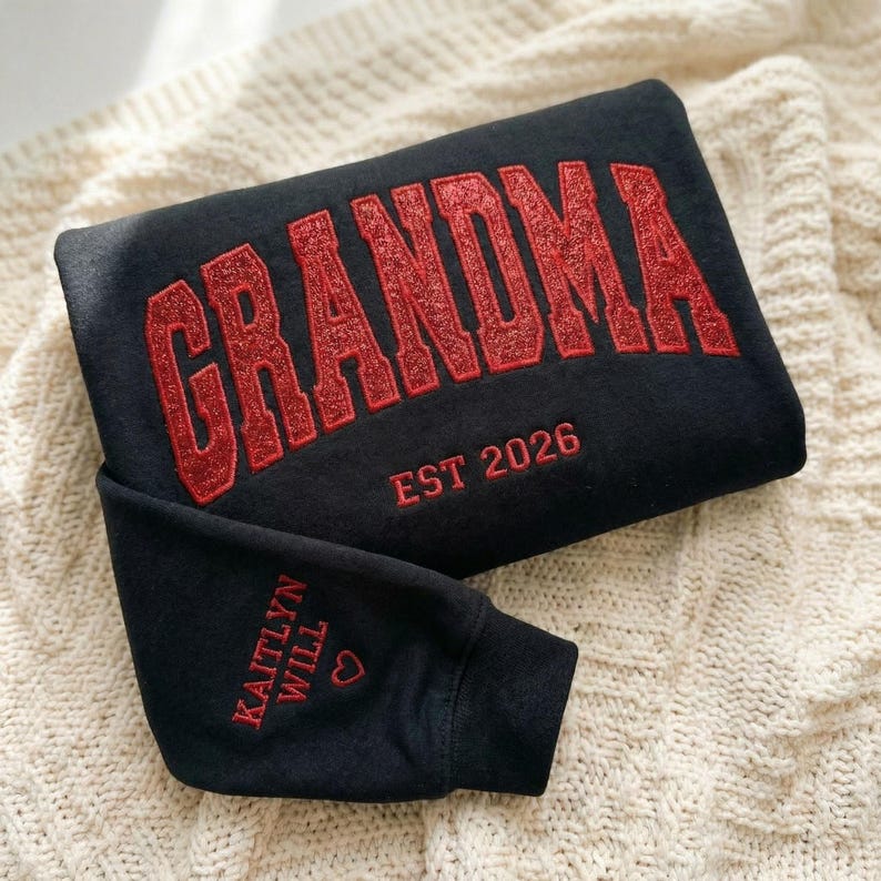 Custom Arched Glitter Embroidered Grandma Sweatshirt | Mother&