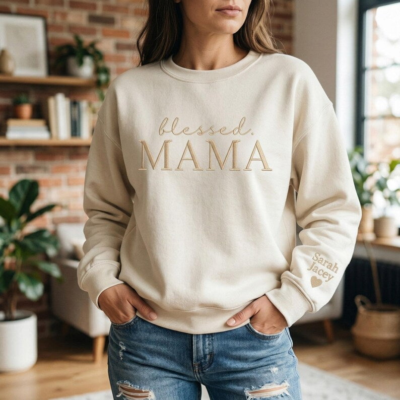 Custom Embroidered "Blessed Mama" Sweatshirt with Name on Sleeve | Gift for Mothers Day