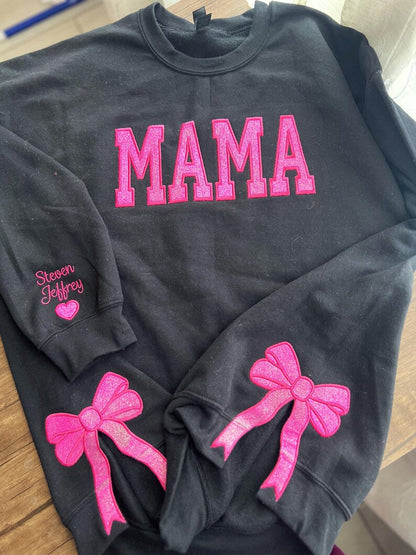 Custom Trendy and Cute Mama Embroidered Glitter Side Bow Sweatshirt | Mother&