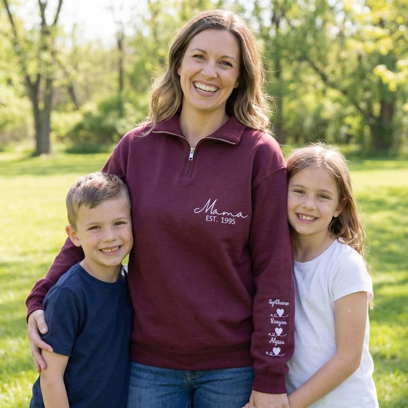 Custom Embroidered Mama Quarter Zip Sweatshirt with Names | Mother&