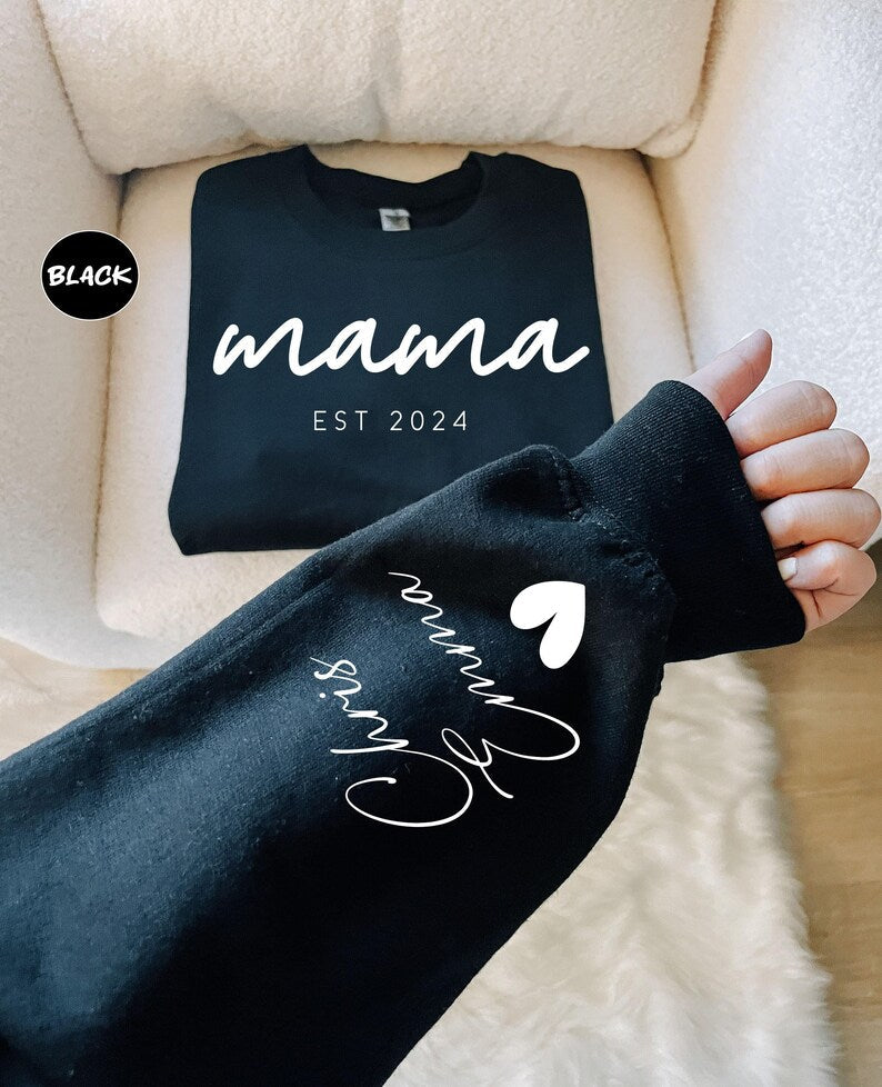Personalized Mom and Est. Date Heat Transfer Print Sweatshirt with Kids Name on Sleeve | Mother&