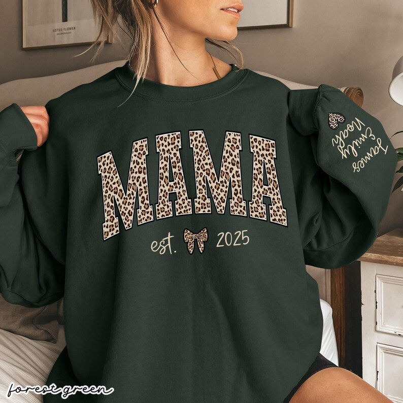 Custom Leopard Mama Heat Transfer Print Sweatshirt With Kid Name On Sleeve | Mother&