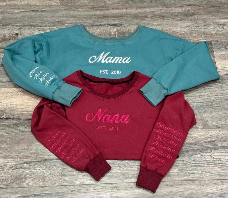 Custom Mama Embroidered Sweatshirt – Personalized Kids Names Sleeve &amp; Est. Year Crewneck