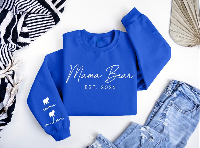 Custom Mama Bear Heat Transfer Print Sweatshirt With Kids Name On Sleeve | Mothers Day Gift