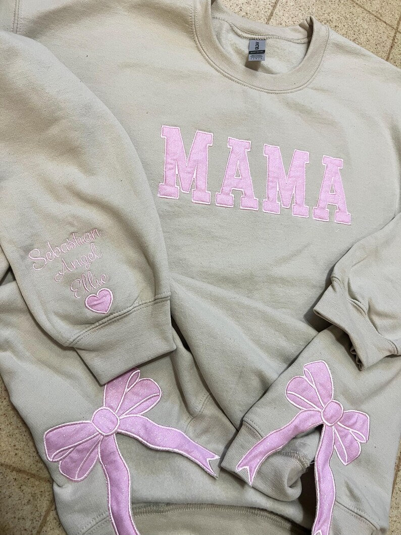 Custom Trendy and Cute Mama Embroidered Glitter Side Bow Sweatshirt | Mother&