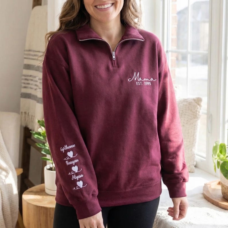 Custom Embroidered Mama Quarter Zip Sweatshirt with Names | Mother&