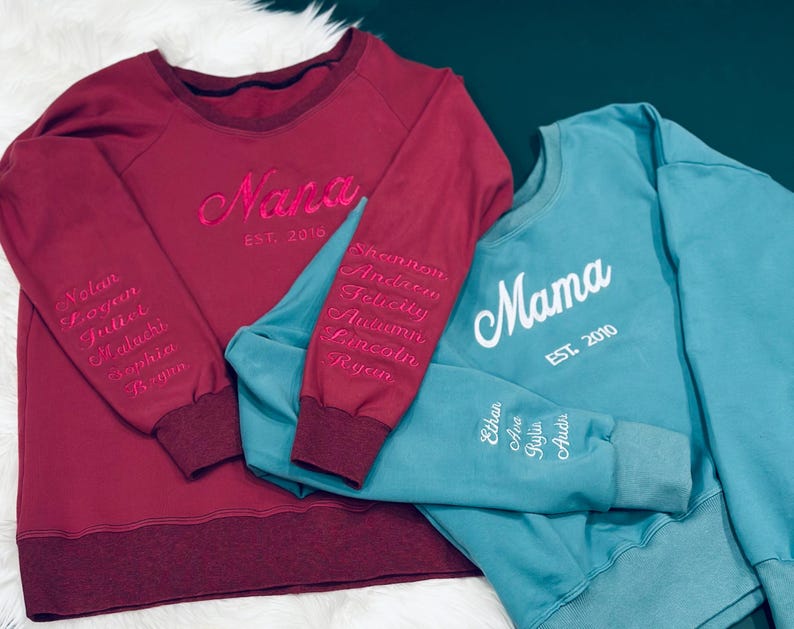 Custom Mama Embroidered Sweatshirt – Personalized Kids Names Sleeve &amp; Est. Year Crewneck