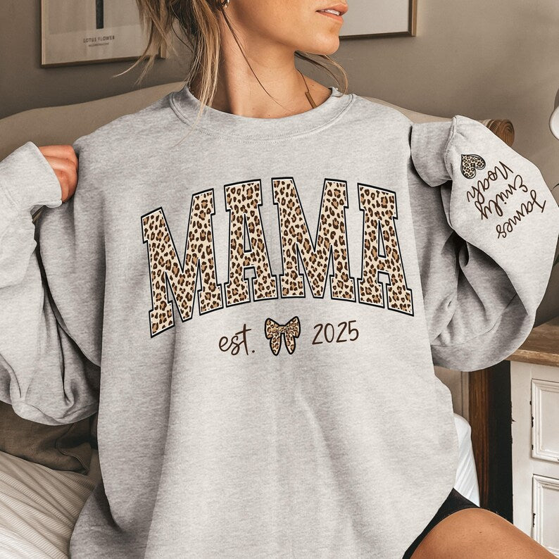 Custom Leopard Mama Heat Transfer Print Sweatshirt With Kid Name On Sleeve | Mother&