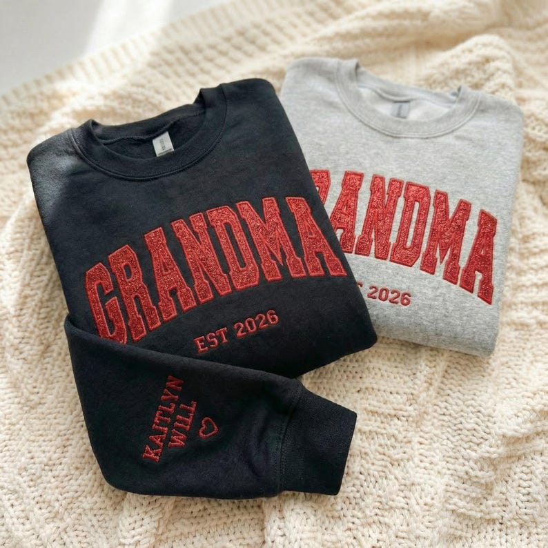 Custom Arched Glitter Embroidered Grandma Sweatshirt | Mother&