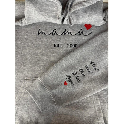 Custom Mama Hoodie with Heart – Personalized Kids Names Sleeve &amp; Est. Year Embroidered Sweatshirt