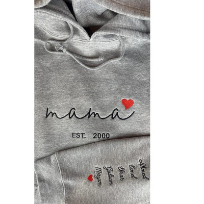 Custom Mama Hoodie with Heart – Personalized Kids Names Sleeve &amp; Est. Year Embroidered Sweatshirt