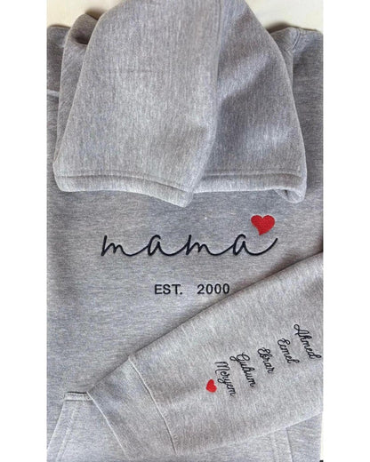 Custom Mama Hoodie with Heart – Personalized Kids Names Sleeve &amp; Est. Year Embroidered Sweatshirt