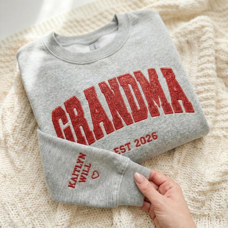 Custom Arched Glitter Embroidered Grandma Sweatshirt | Mother&