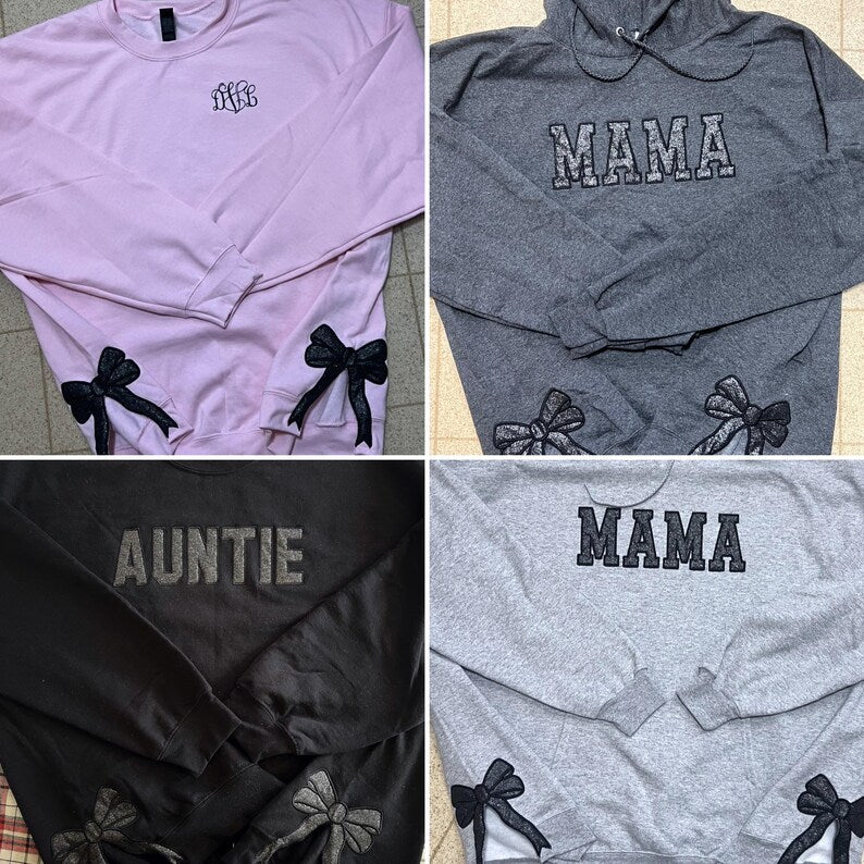 Custom Trendy and Cute Mama Embroidered Glitter Side Bow Sweatshirt | Mother&