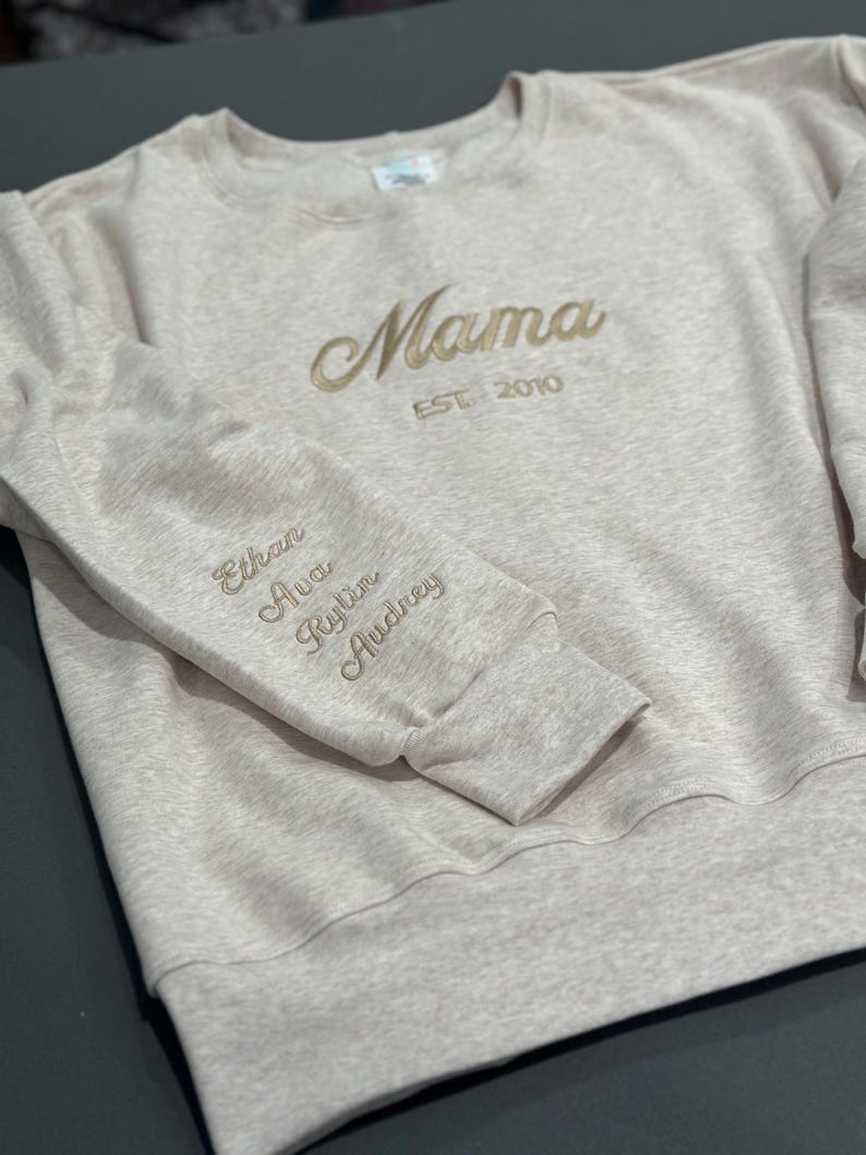 Custom Mama Embroidered Sweatshirt – Personalized Kids Names Sleeve & Est. Year Crewneck