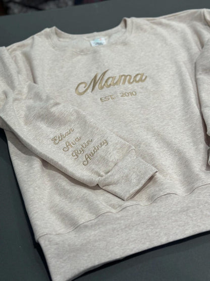 Custom Mama Embroidered Sweatshirt – Personalized Kids Names Sleeve & Est. Year Crewneck