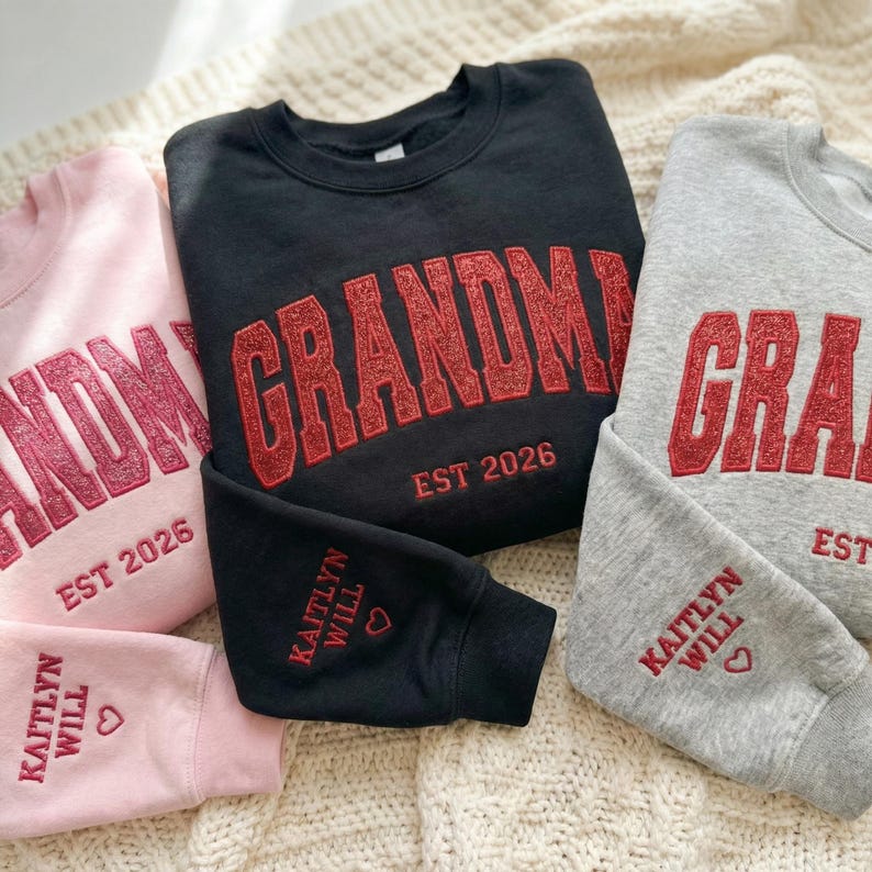 Custom Arched Glitter Embroidered Grandma Sweatshirt | Mother&