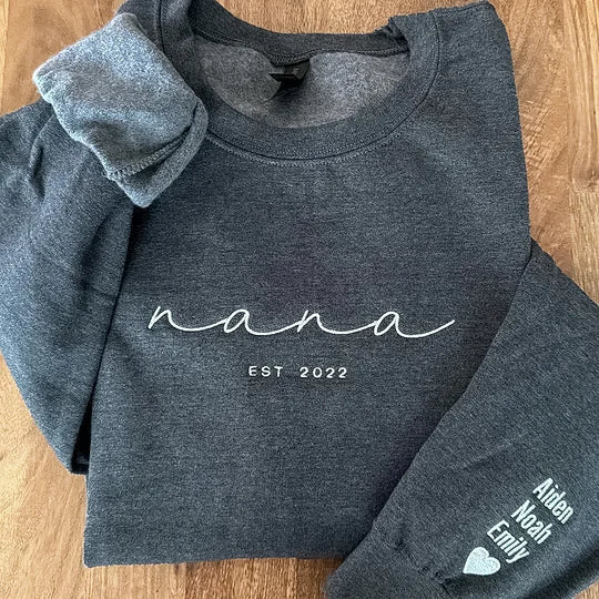 Custom Embroidered Grandma Sweatshirt with Grandkids Names on Sleeves