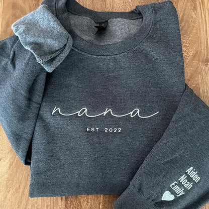 Custom Embroidered Grandma Sweatshirt with Grandkids Names on Sleeves