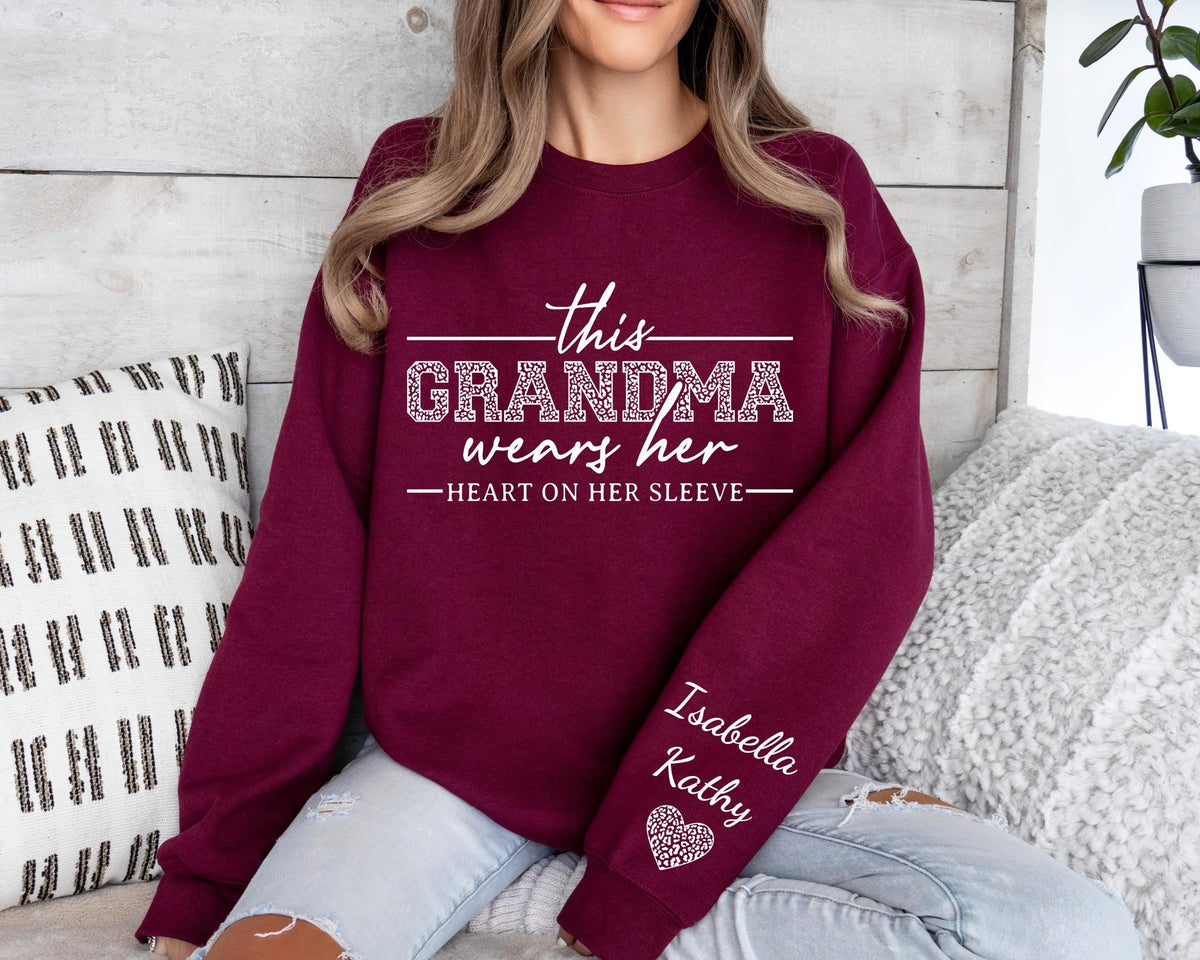 This Grandma Wears Her Heart On Her Sleeve-Custom Sweatshirt With Kids Name