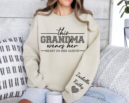 This Grandma Wears Her Heart On Her Sleeve-Custom Sweatshirt With Kids Name