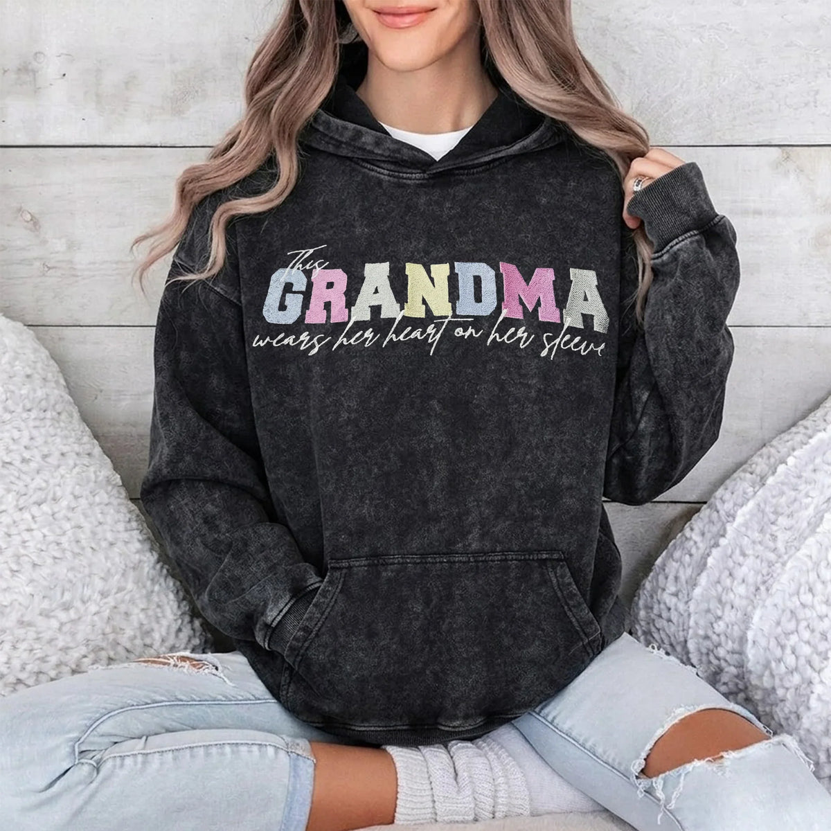 Custom Embroidered Heart on Sleeve Personalized Mommy/Grandma Washed Sweatshirt | Mother&