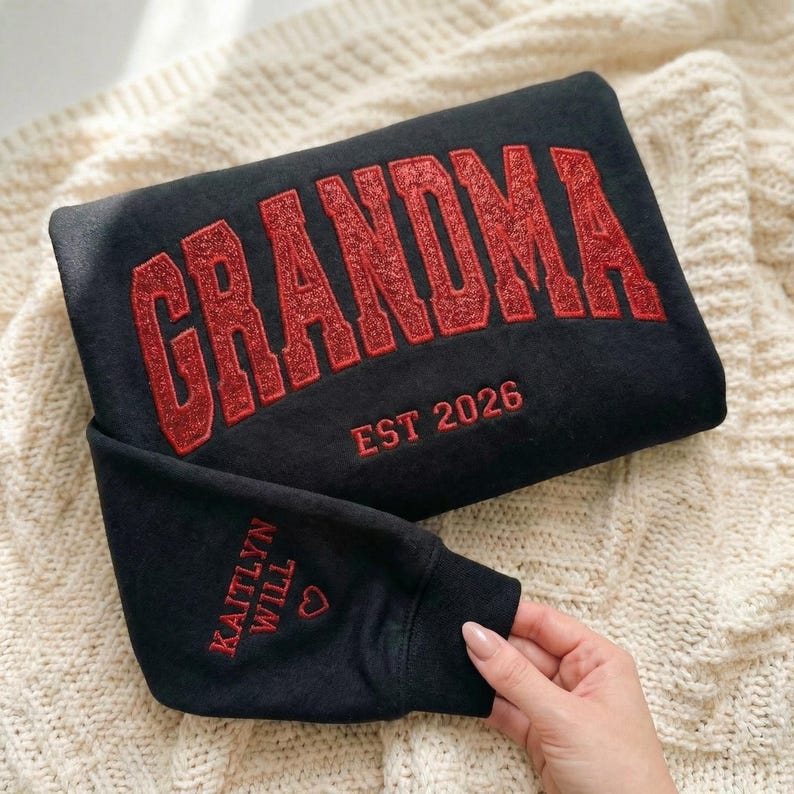 Custom Arched Glitter Embroidered Grandma Sweatshirt | Mother&