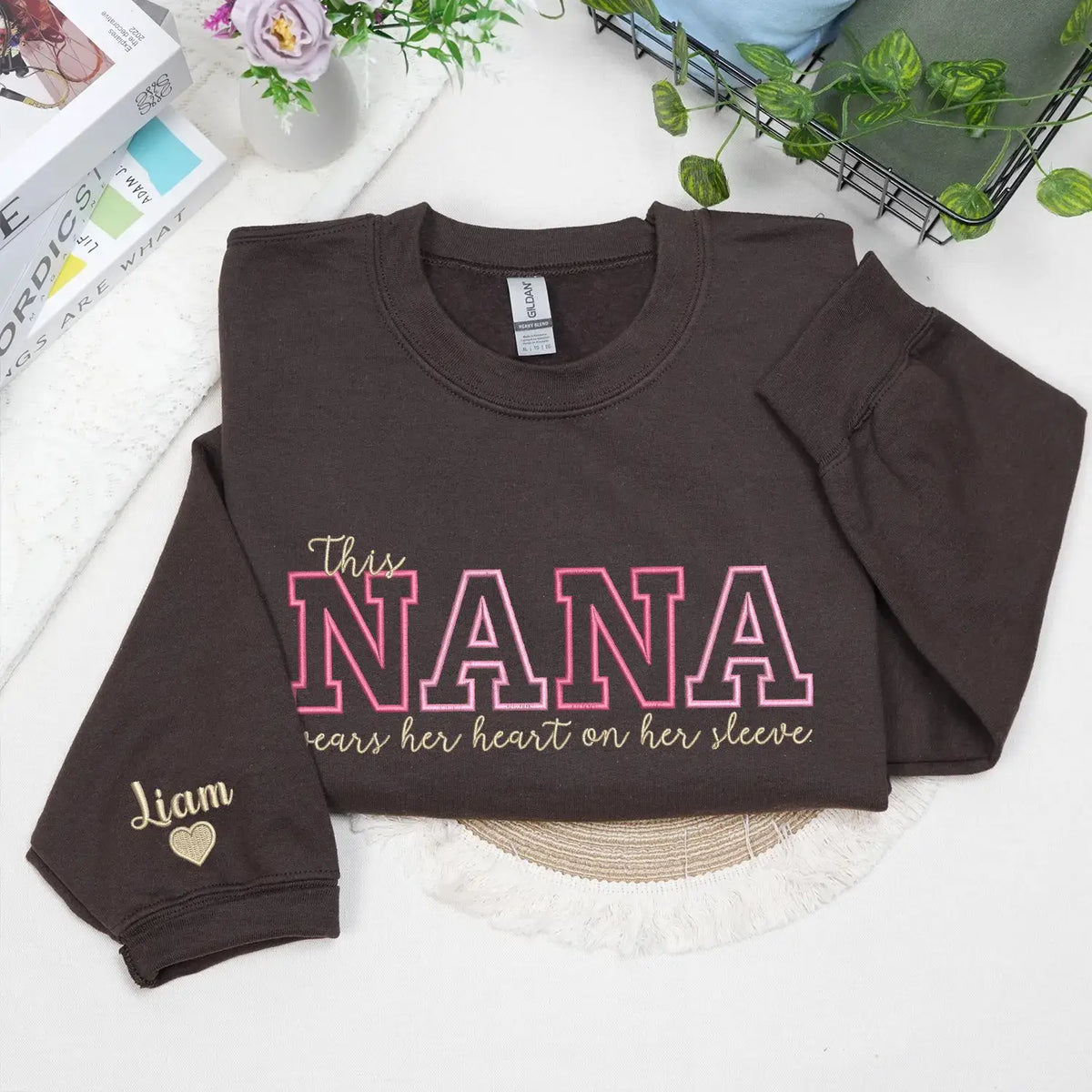 Custom Embroidered This Nana Wears Her Heart on Her Sleeve Sweatshirt | Mother&