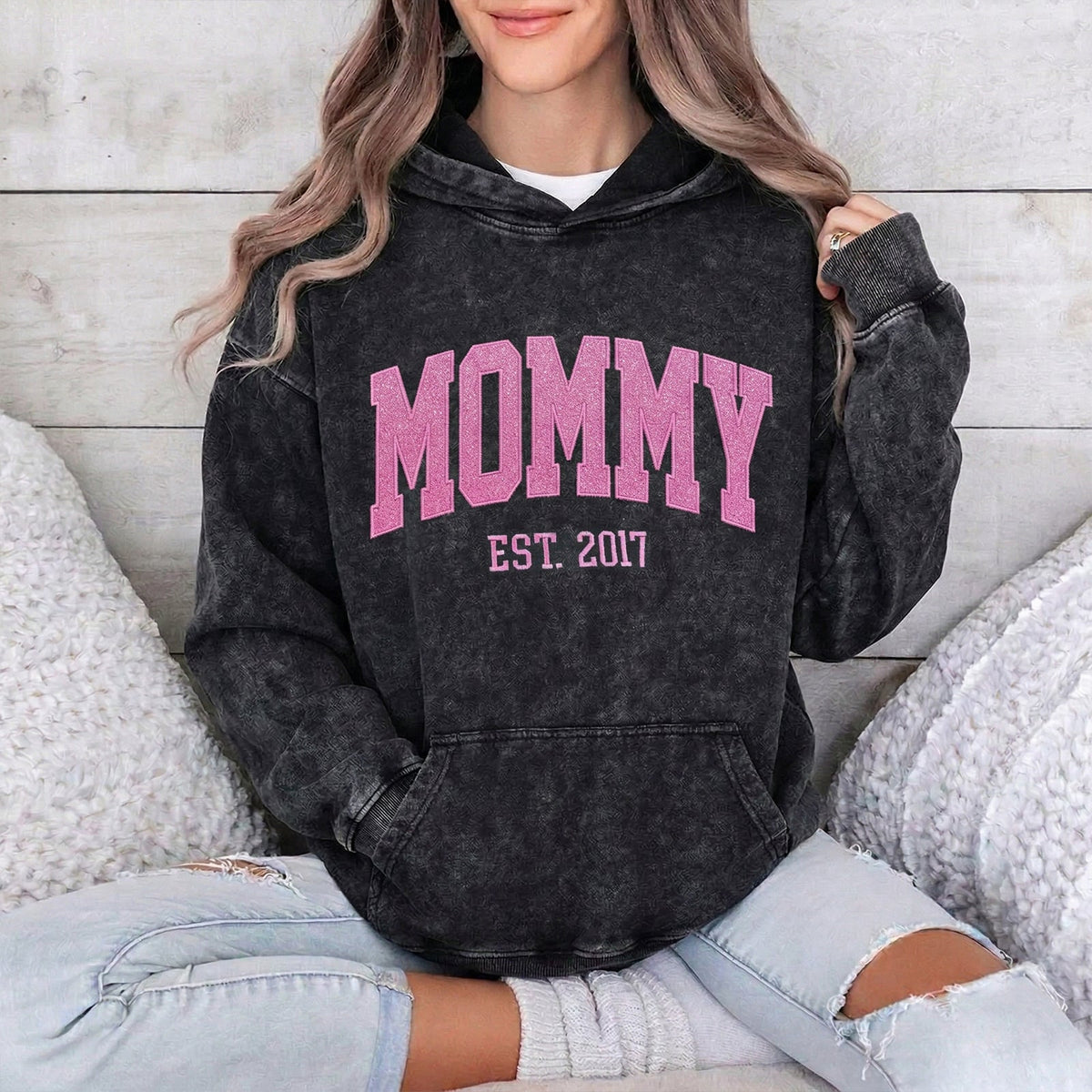 Custom Embroidered Applique Glitter Mama Washed Sweatshirt - Gift for Mom