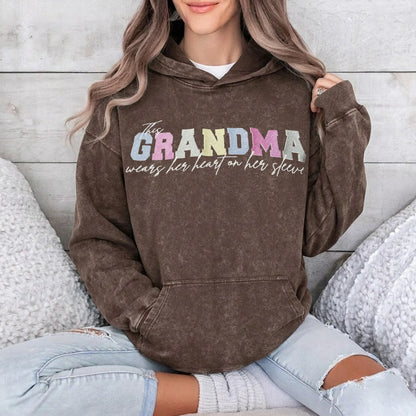 Custom Embroidered Heart on Sleeve Personalized Mommy/Grandma Washed Sweatshirt | Mother&