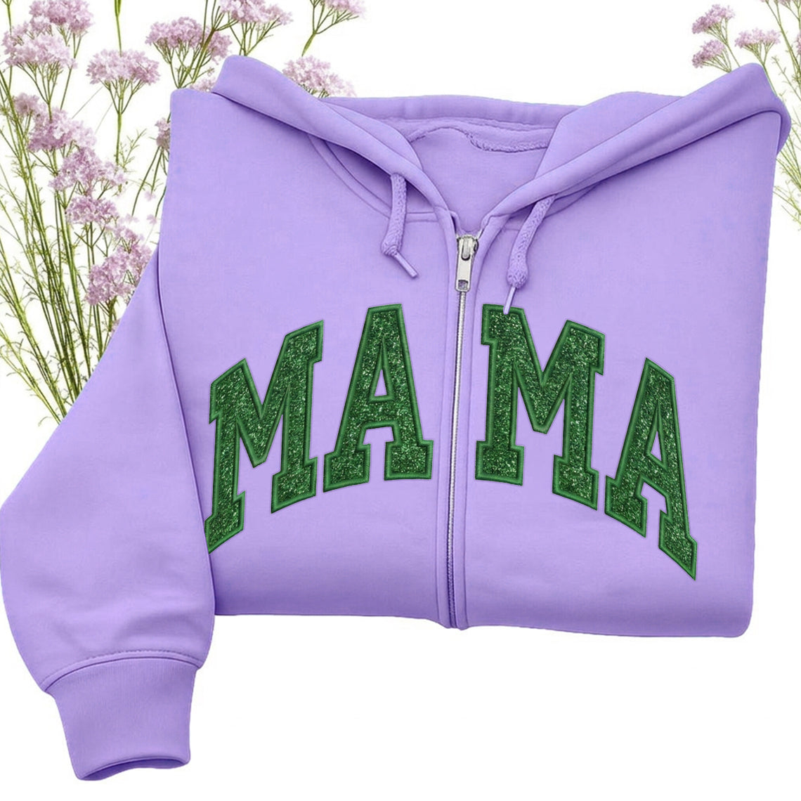 Custom Embroidered Applique Glitter Mama Full Zip Sweatshirt - Gift for Mom
