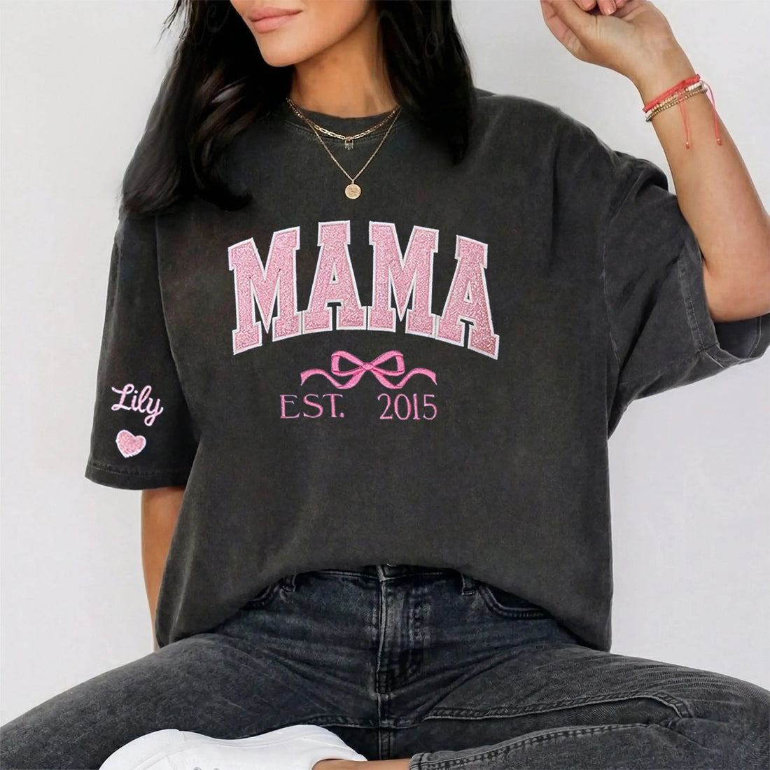 Mom glitter embroidered Washed T-shirt&amp;sweatshirt mother day/personalized year.