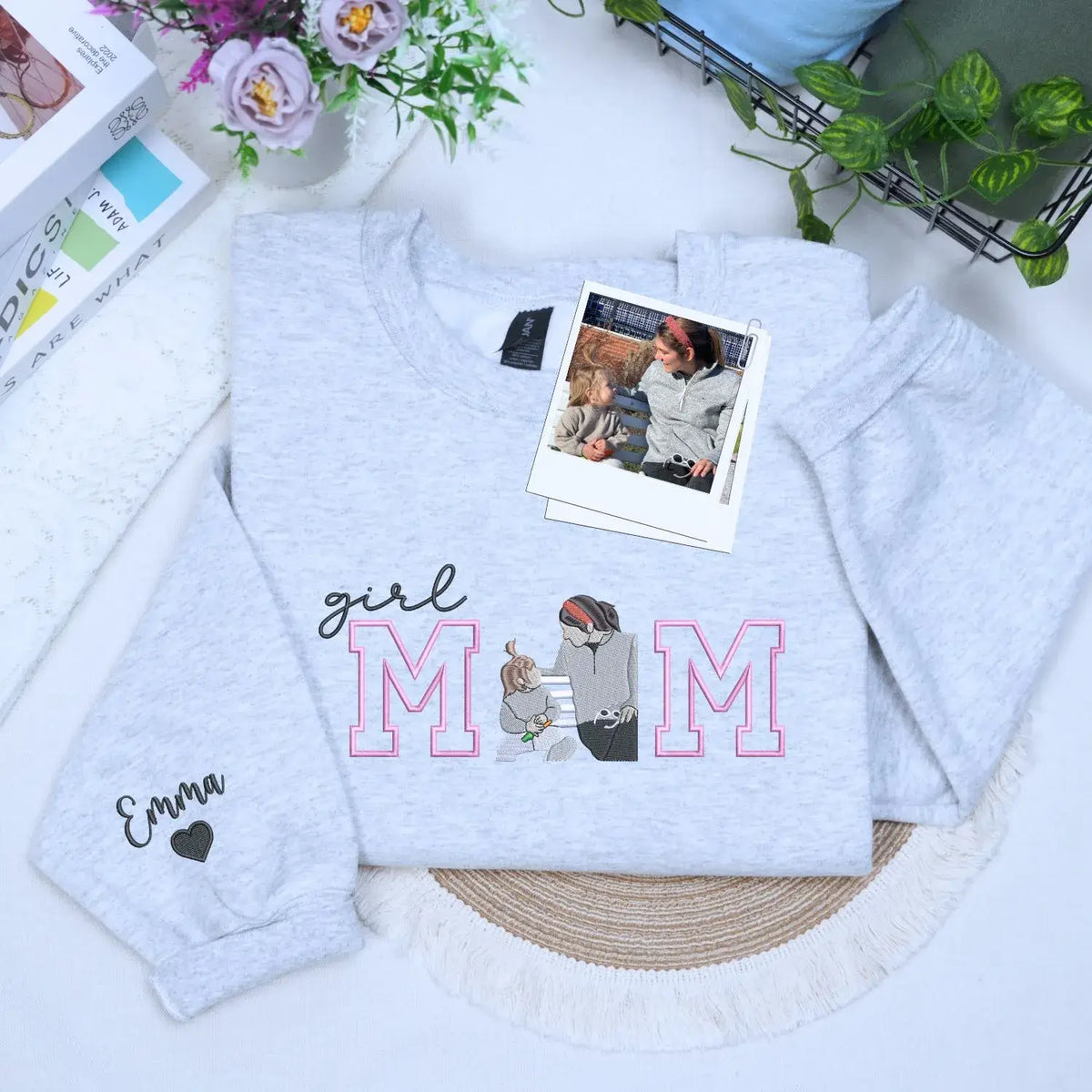 Custom Girl Mom with Embroidered Portrait from Photo and Kids Name Sweatshirt | Mother&