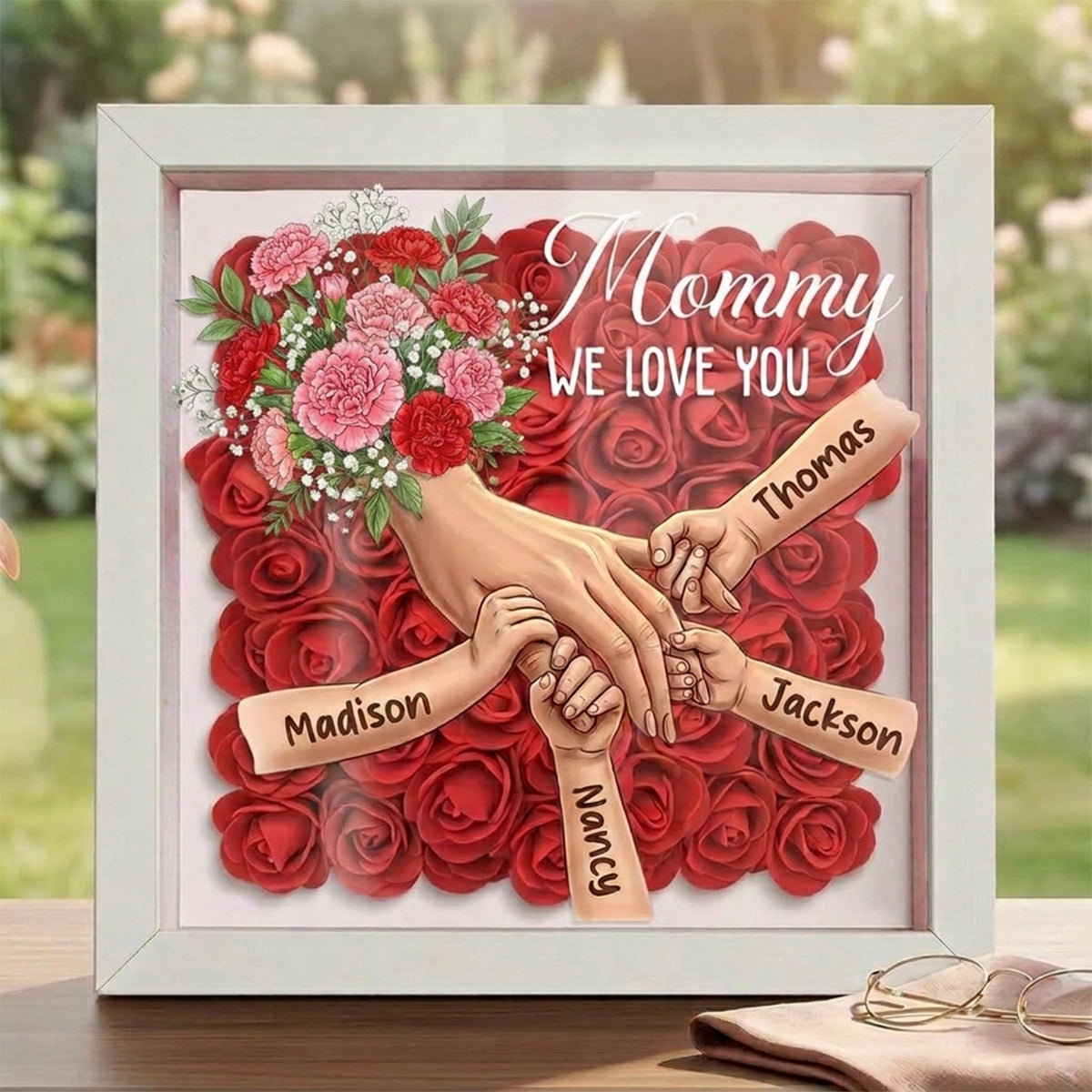 "Carnation"-Personalized Mom Holding Hands Memorial Shadow Box-Mother&