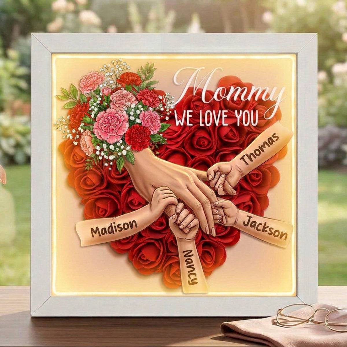 "Carnation"-Personalized Mom Holding Hands Memorial Shadow Box-Mother&