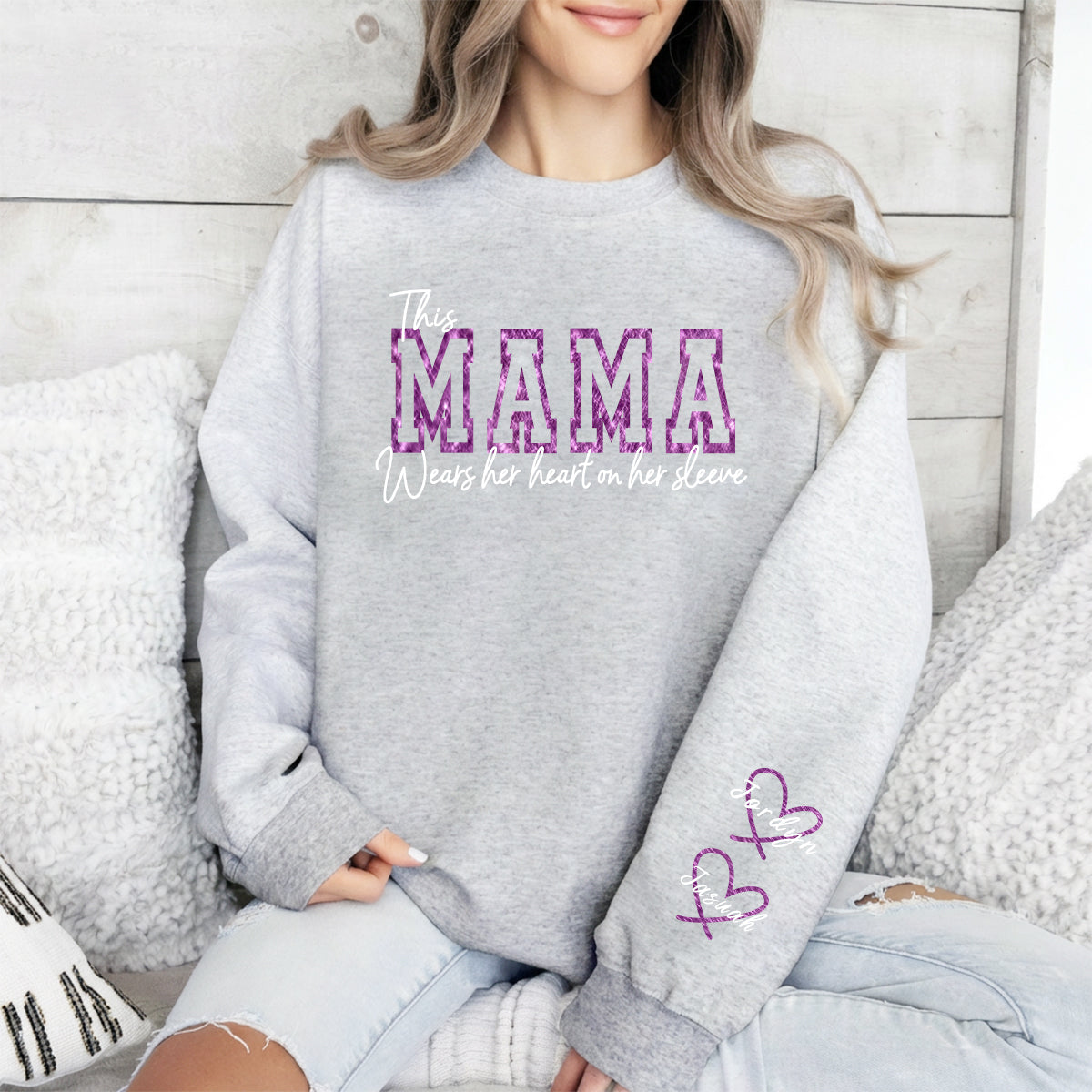 Wear Your Heart on Your Sleeve – Personalized Glitter Mama Sweatshirt with Kids’ Names | for Mom Mother&