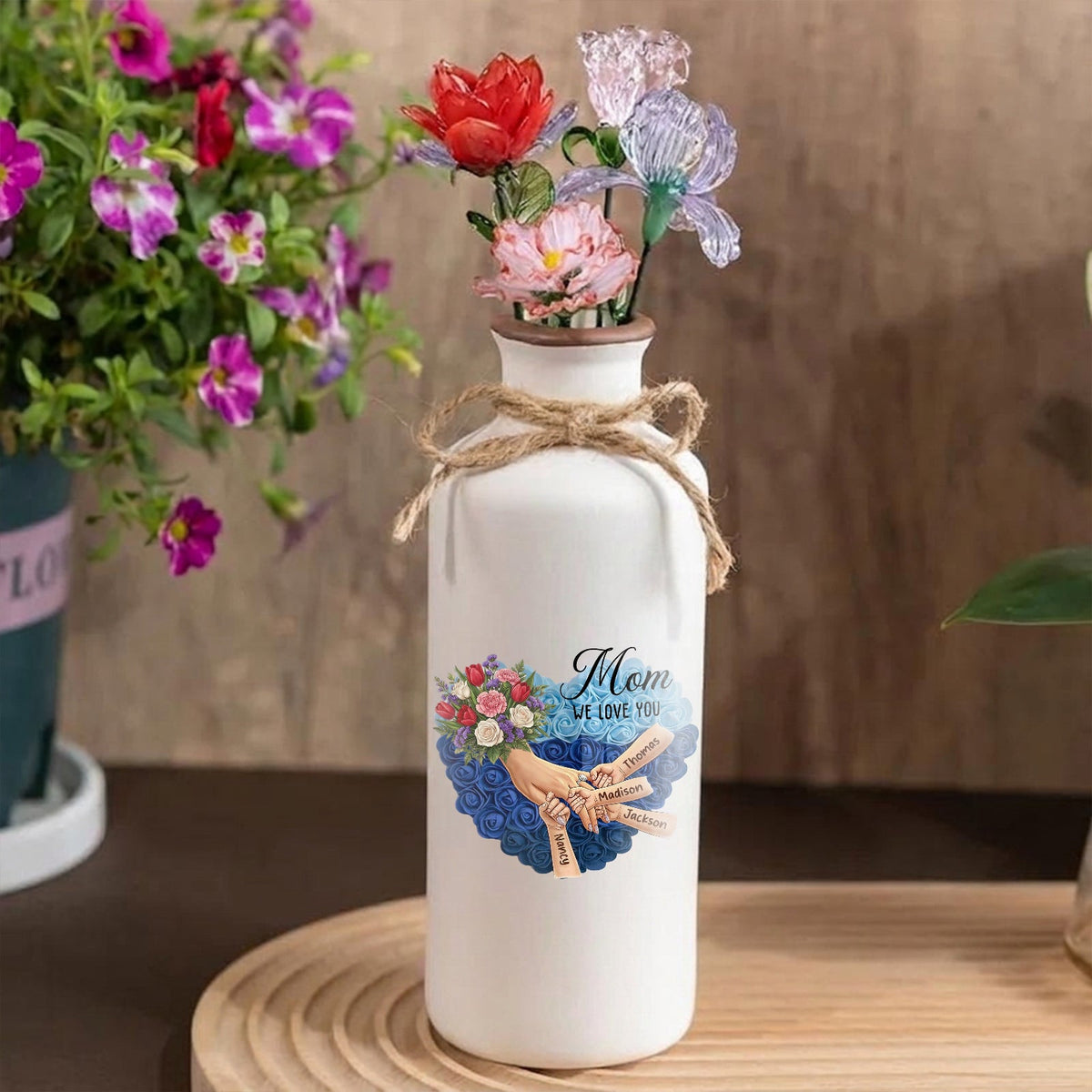 Personalized "Tulips, White Roses, and Carnations" Vase-Personalized Mom Holding Hands|Best Mother&