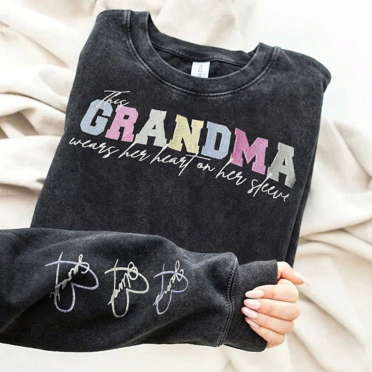 Custom Embroidered Heart on Sleeve Personalized Mommy/Grandma Washed Sweatshirt | Mother&