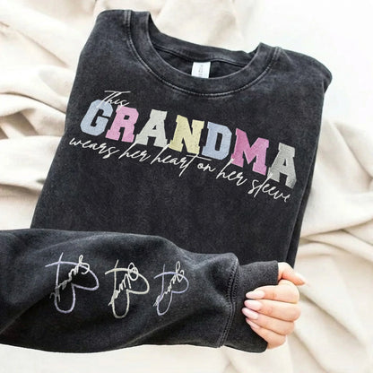 Custom Embroidered Heart on Sleeve Personalized Mommy/Grandma Washed Sweatshirt | Mother&