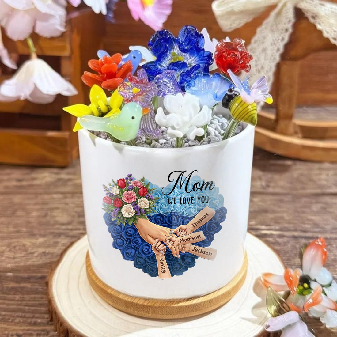 Personalized Large Tulips, White Roses, and Carnations Plant Pot-Personalized Mom Holding Hands|Best Mother&
