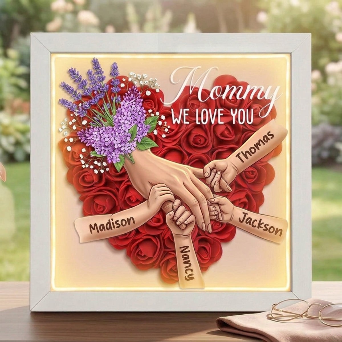 "Lavender"-Personalized Mom Holding Hands Flower Shadow Box-Mother&