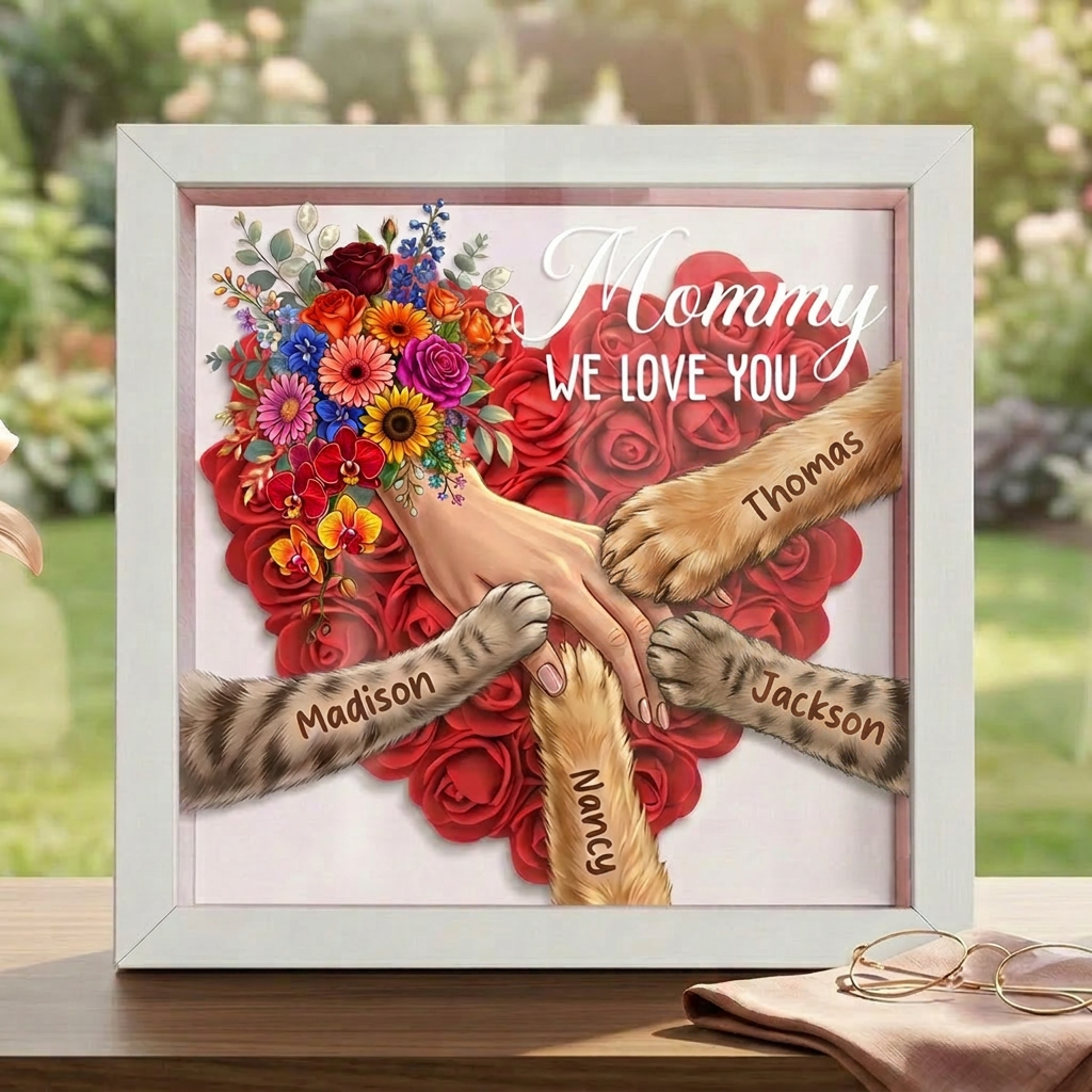 Personalized Pet Paw &amp; Human Hand Holding Shadow Box-Mother&