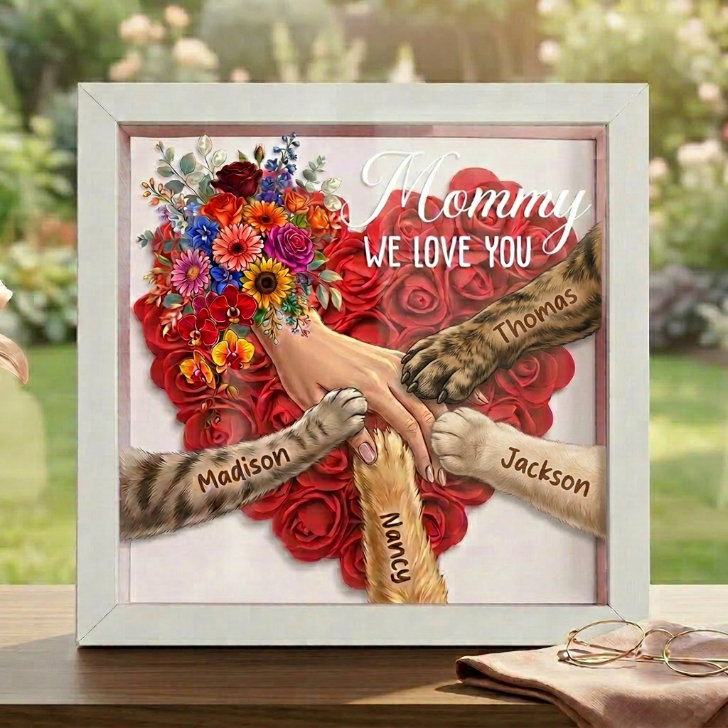 Personalized Pet Paw &amp; Human Hand Holding Shadow Box-Mother&
