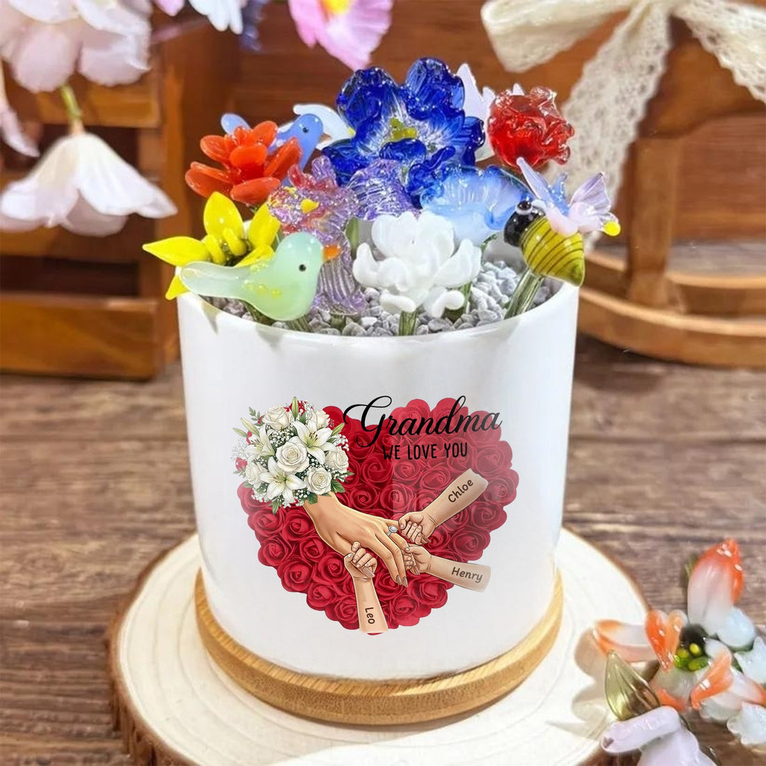 Personalized Large White Lily &amp; White Rose Plant Pot-Personalized Mom Holding Hands|Best Mother&