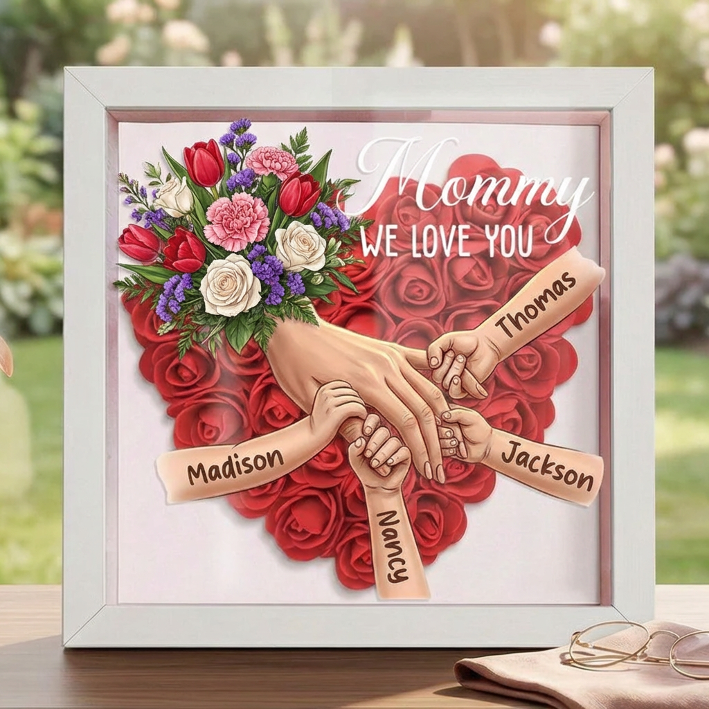 "Tulips, White Roses, and Carnations"-Personalized Mom Holding Hands Flower Shadow Box-Mother&
