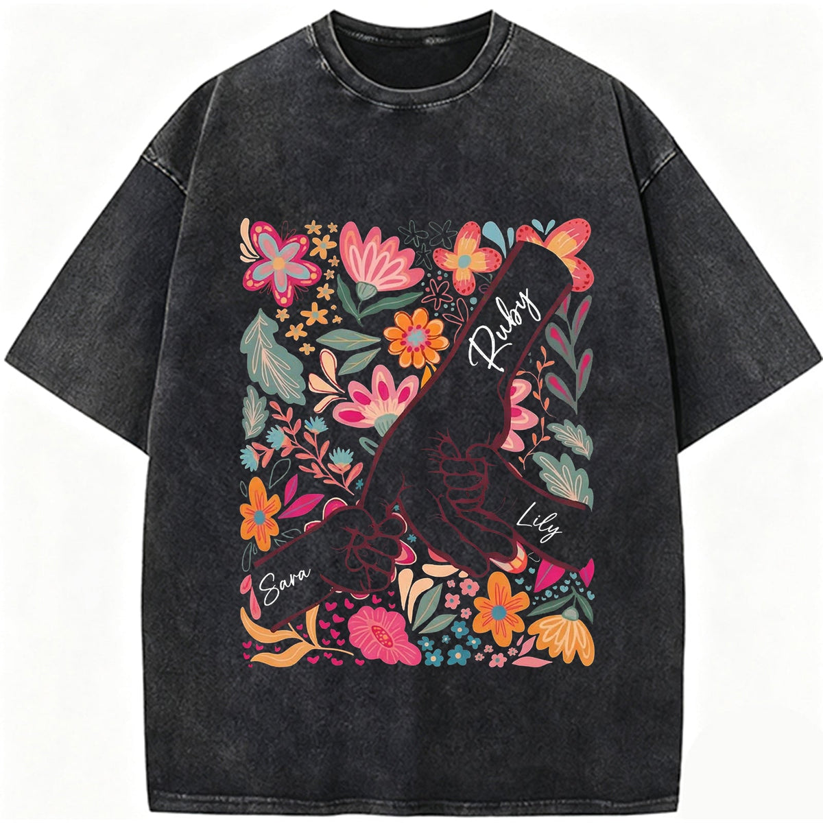 Custom Mom Kids Washed T-shirt – Pinky Promise Floral Design | Personalized Family Love Tee for Mom