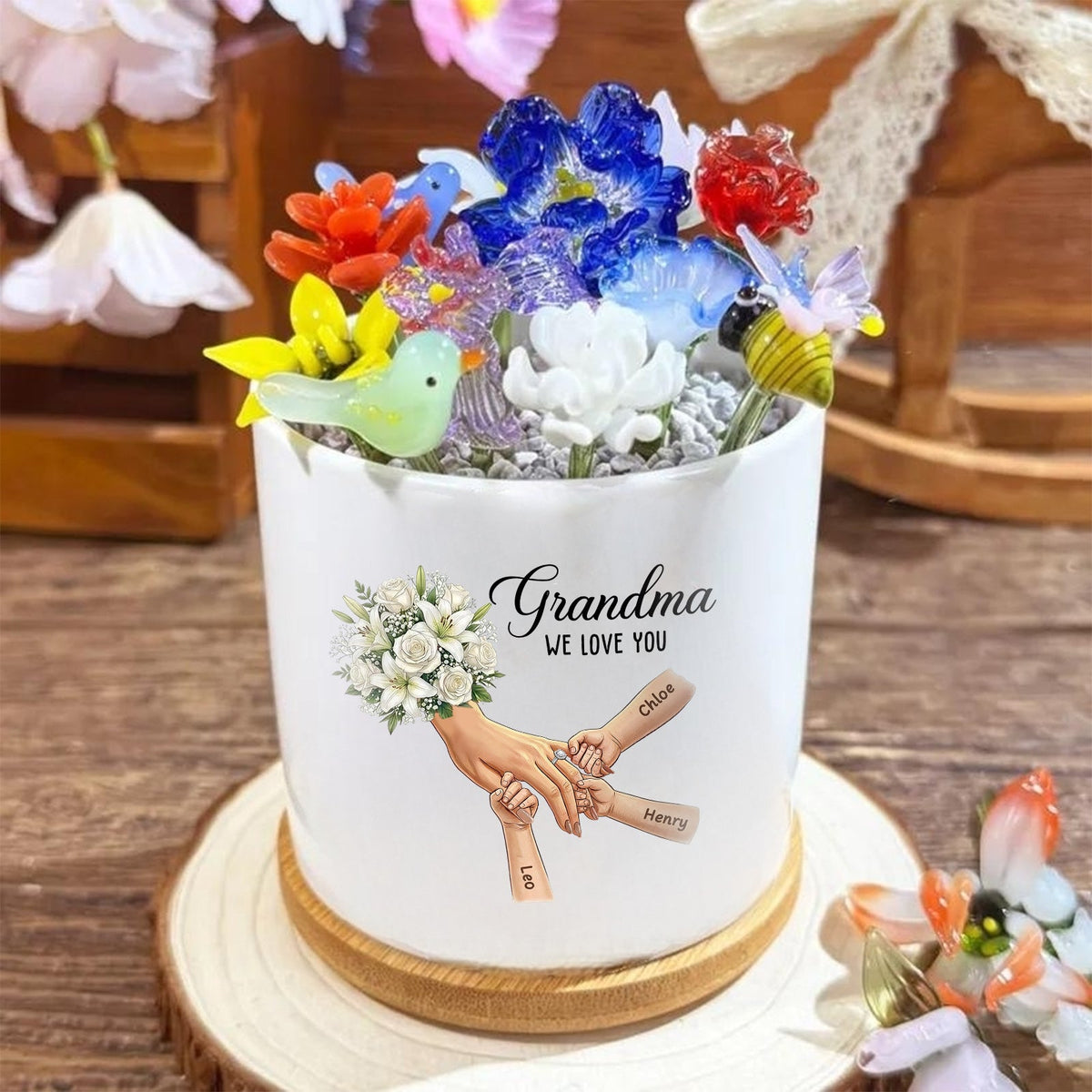 Personalized Large White Lily &amp; White Rose Plant Pot-Personalized Mom Holding Hands|Best Mother&