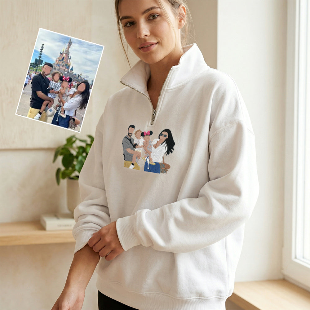 Custom Family Portrait From Photo Embroidered Quarter Zip Sweatshirt | Mother&