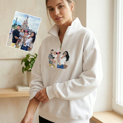 Custom Family Portrait From Photo Embroidered Quarter Zip Sweatshirt | Mother&